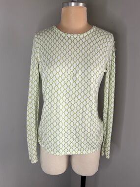 J. McLaughlin White and Light Green Lattice Long Sleeve Top